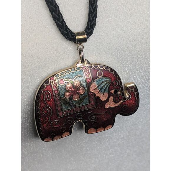 Vintage Cloisonné Elephant Pendant Necklace: Red, Teal & Pink BOHO Cottagecore - Picture 1 of 5